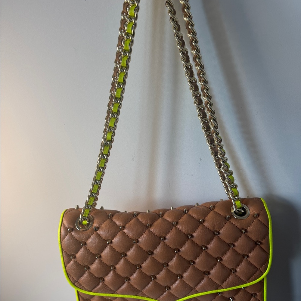 Rebecca Minkoff Quilted Tan Shoulder Bag with Neon Yellow Trim - Picture 3 of 9
